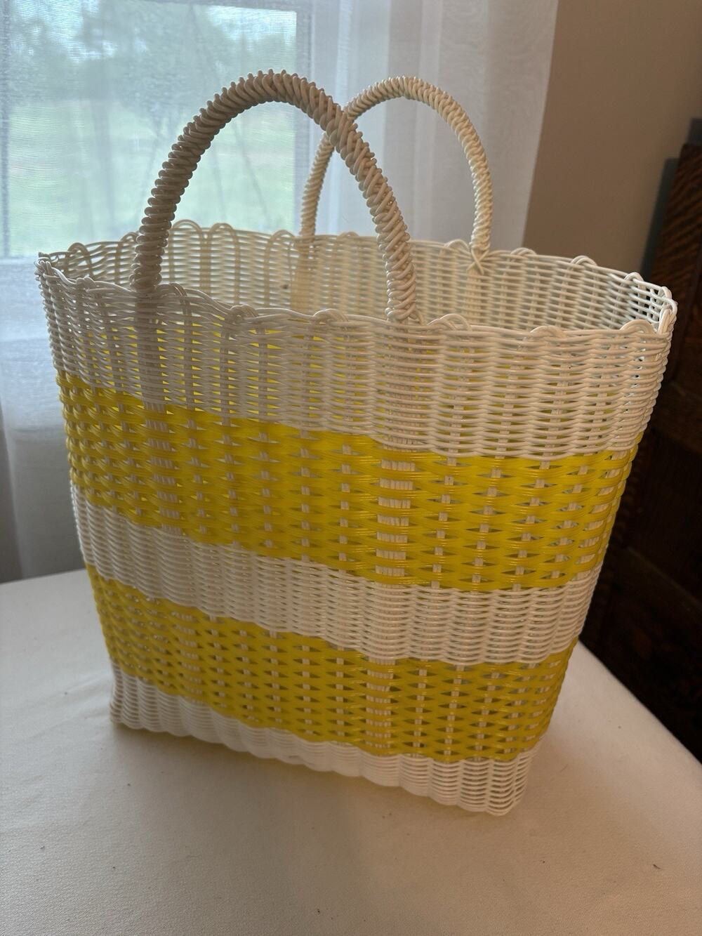 Tote Bag Yellow Medium Deep Woven Recyclyed Plastic Handbag White Purse